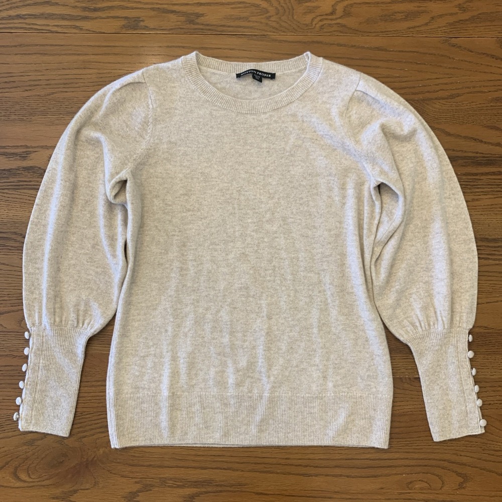 XS Boston Proper 100% Cashmere Beige Crewneck Puff Sleeve Button Cuff Sweater
